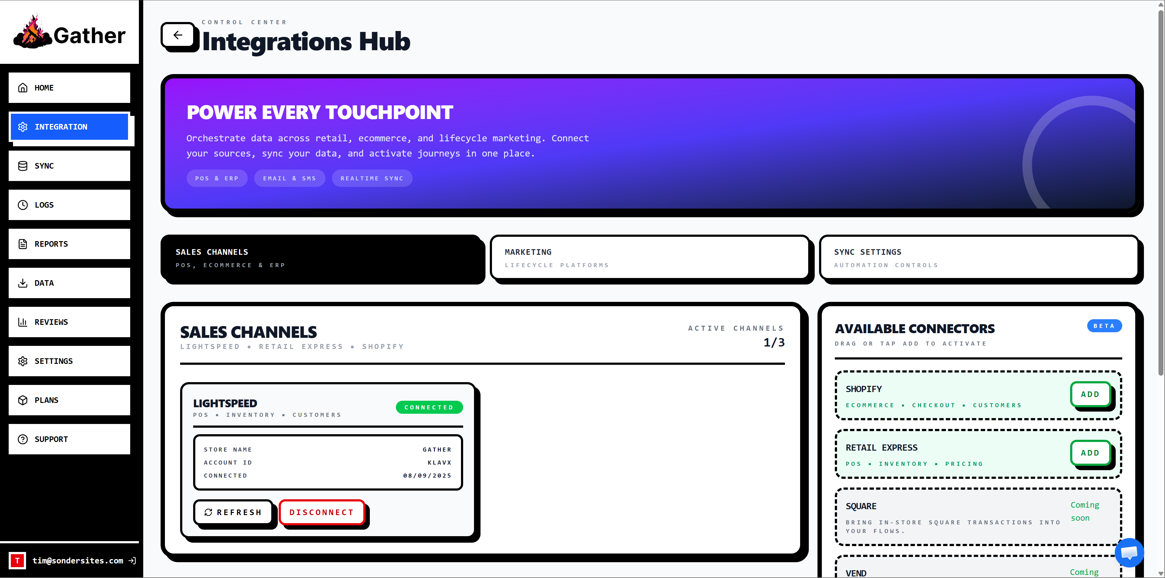Gather Integrations Hub showing Lightspeed connected, Shopify and Retail Express available connectors, sales channels and marketing platform management